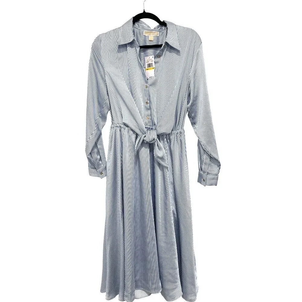 Michael Kors Blue White Striped Button-Down Tie-Waist Midi Shirt Dress M NWT